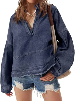 loveimgs Women Oversized Denim Shirt Sweatshirt V Neck Long Sleeve Y2k Jean Shacket Denim Blouse Hoodie Pullover Top