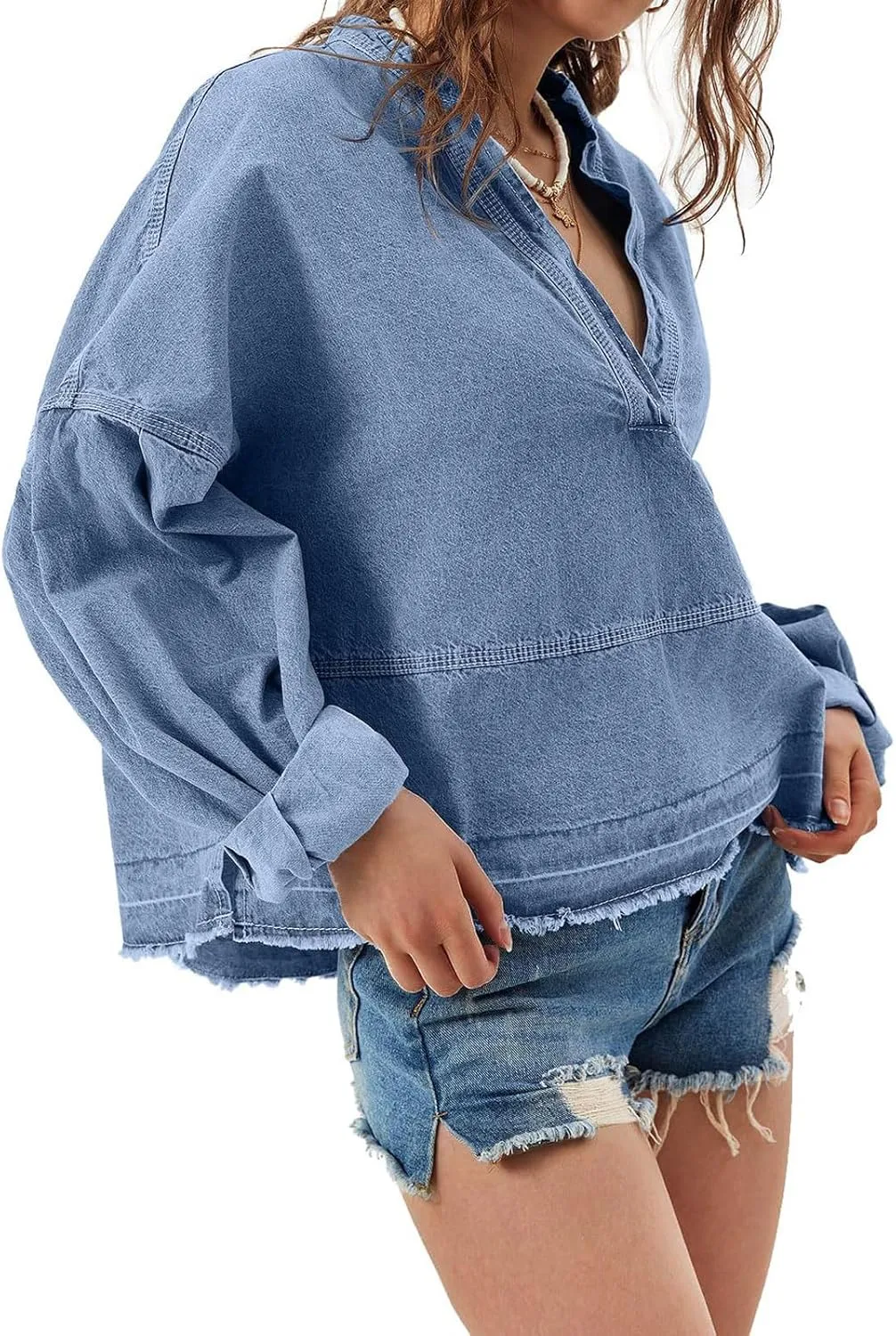 loveimgs Women Oversized Denim Shirt Sweatshirt V Neck Long Sleeve Y2k Jean Shacket Denim Blouse Hoodie Pullover Top