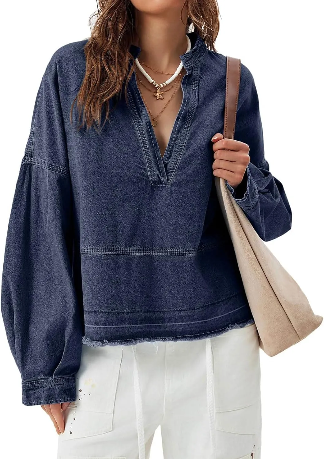 loveimgs Women Oversized Denim Shirt Sweatshirt V Neck Long Sleeve Y2k Jean Shacket Denim Blouse Hoodie Pullover Top
