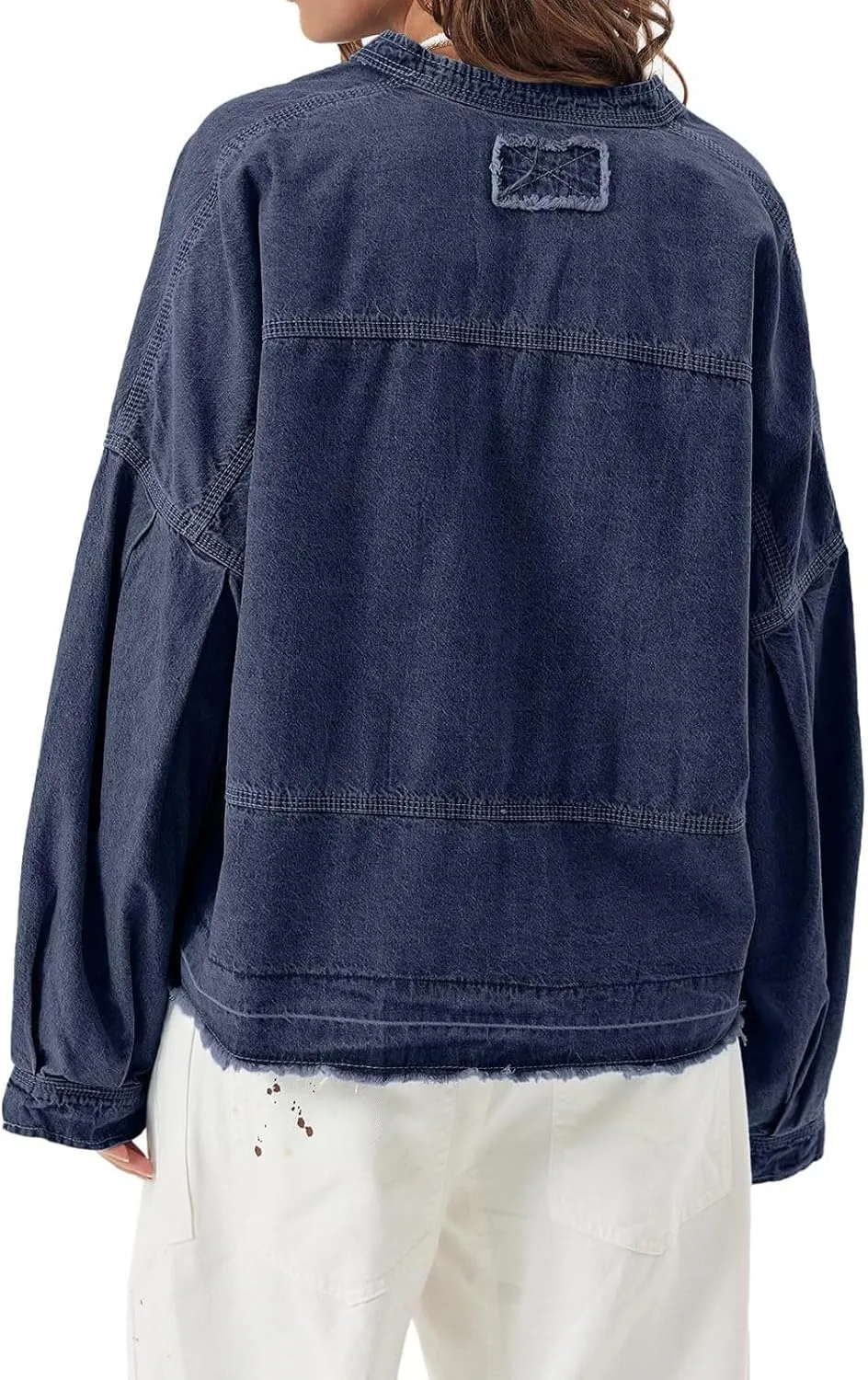 loveimgs Women Oversized Denim Shirt Sweatshirt V Neck Long Sleeve Y2k Jean Shacket Denim Blouse Hoodie Pullover Top