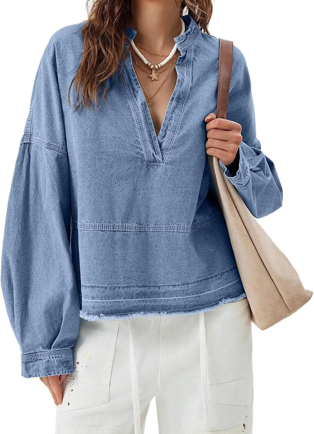 loveimgs Women Oversized Denim Shirt Sweatshirt V Neck Long Sleeve Y2k Jean Shacket Denim Blouse Hoodie Pullover Top
