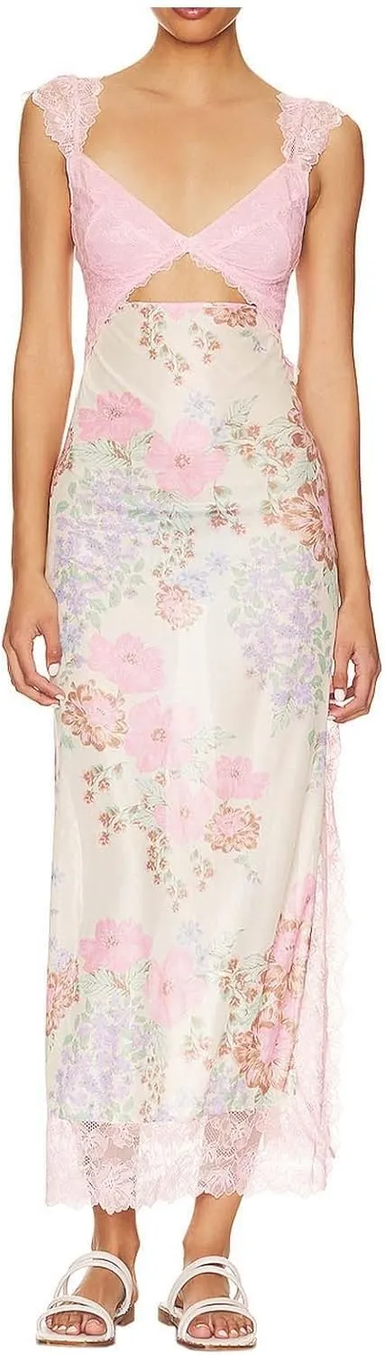 Luxurious Lace Trimmed Off Shoulder Maxi Dress with Ruffle Hem and Slit Summer Midi Dresses for Women
