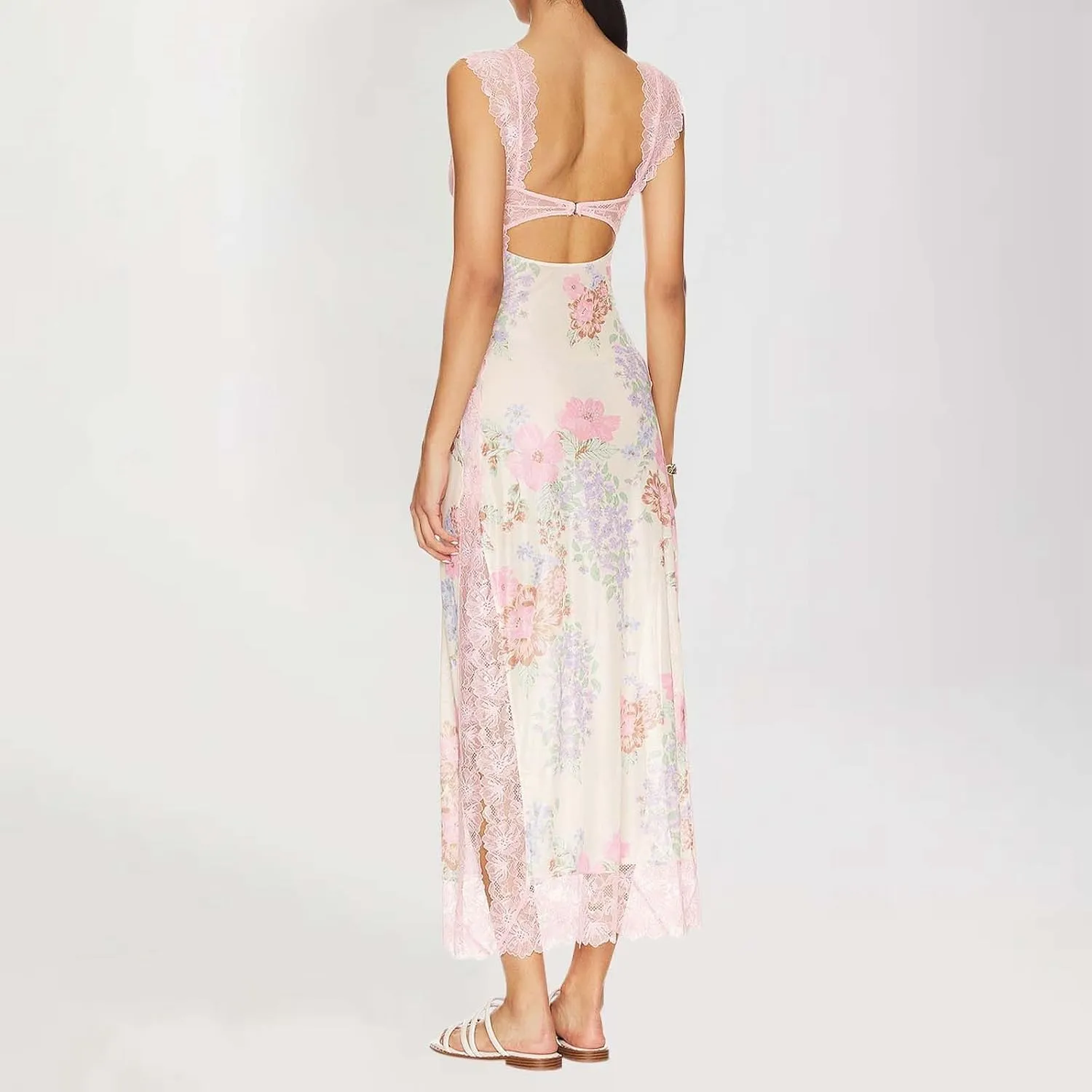 Luxurious Lace Trimmed Off Shoulder Maxi Dress with Ruffle Hem and Slit Summer Midi Dresses for Women