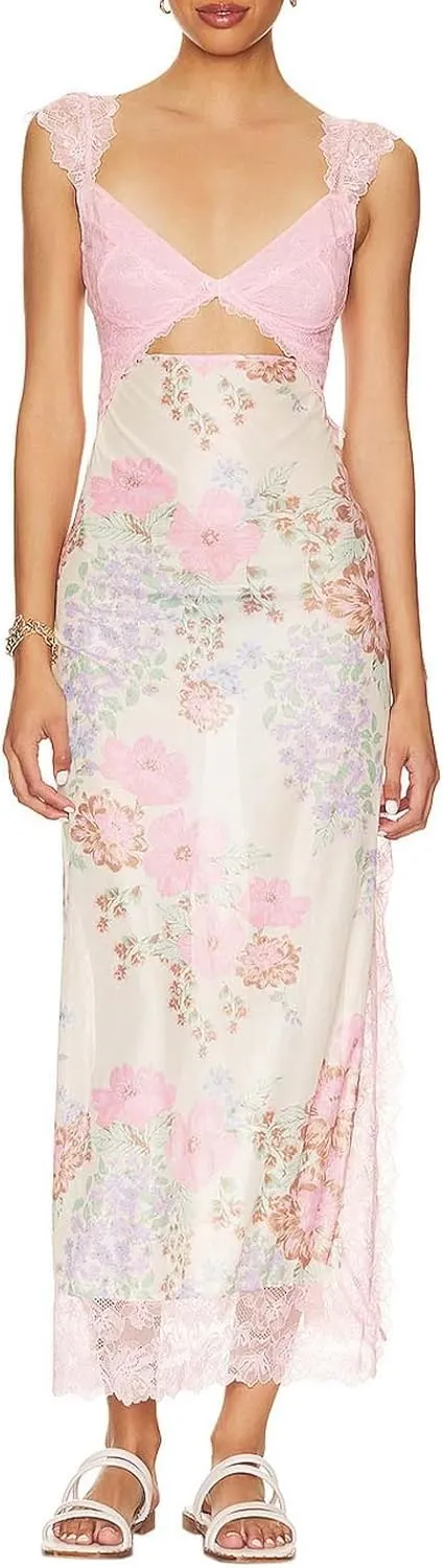 Luxurious Lace Trimmed Off Shoulder Maxi Dress with Ruffle Hem and Slit Summer Midi Dresses for Women