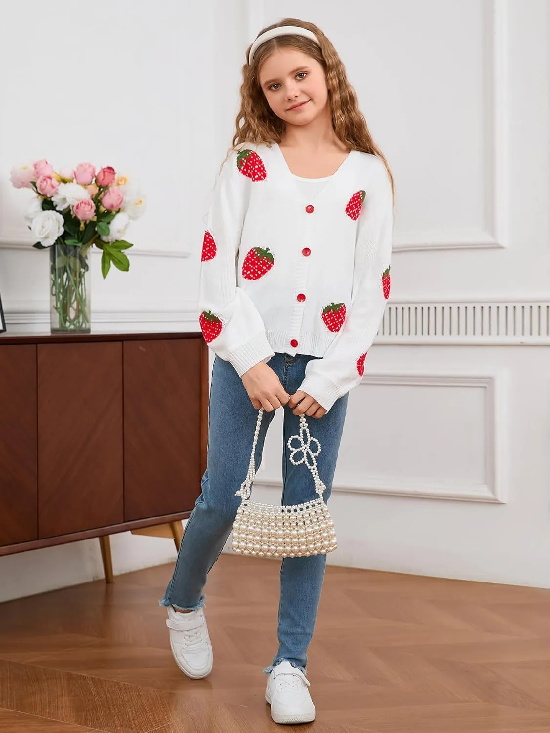 MakeMeChic Girl's Strawberry Print V Neck Button Down Cardigan Sweater Long Sleeve Cute Tops