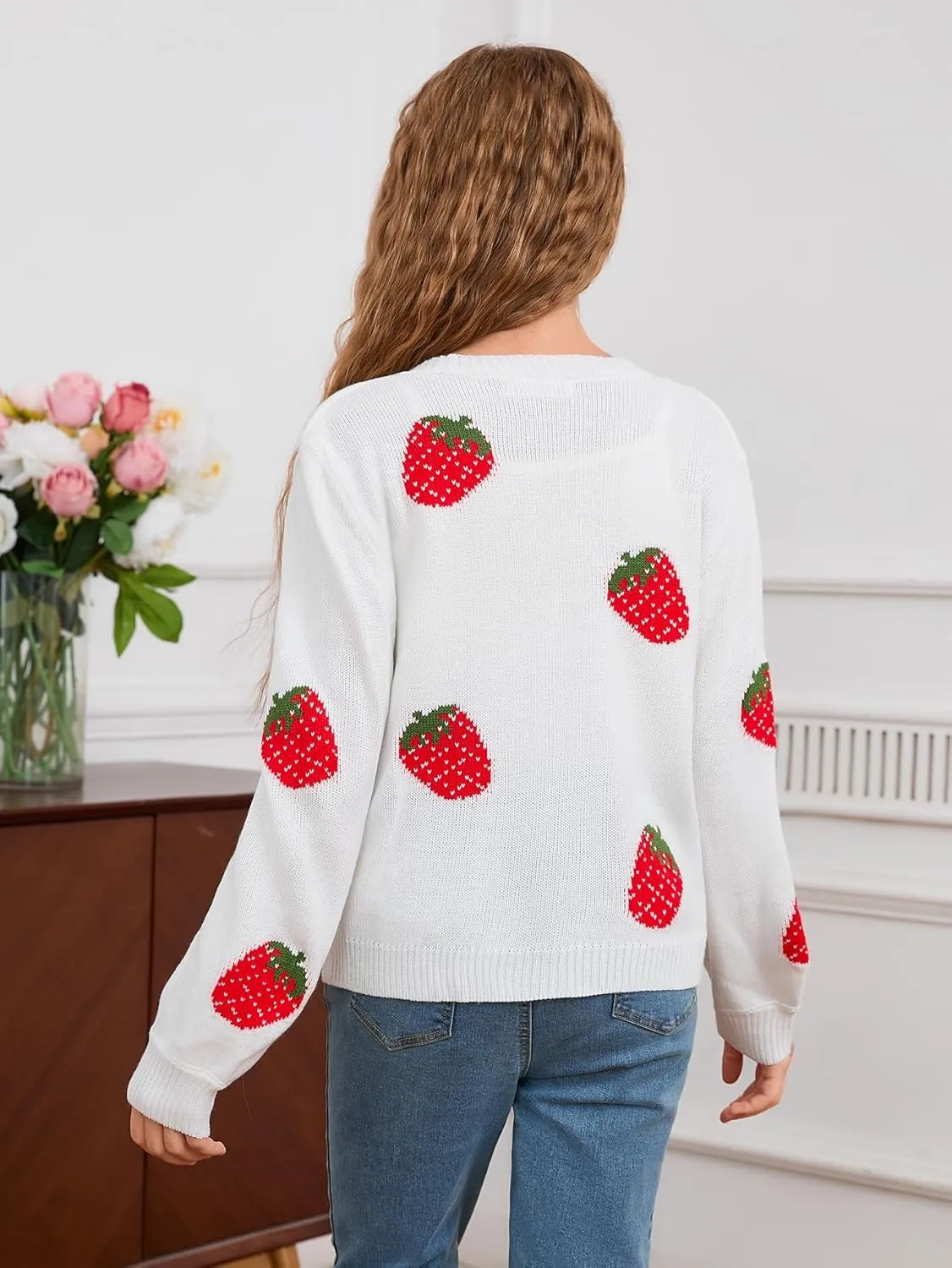 MakeMeChic Girl's Strawberry Print V Neck Button Down Cardigan Sweater Long Sleeve Cute Tops
