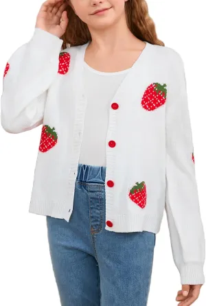 MakeMeChic Girl's Strawberry Print V Neck Button Down Cardigan Sweater Long Sleeve Cute Tops