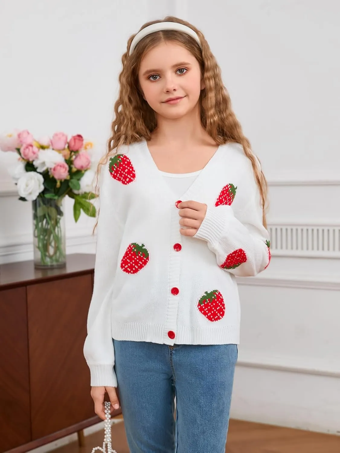 MakeMeChic Girl's Strawberry Print V Neck Button Down Cardigan Sweater Long Sleeve Cute Tops