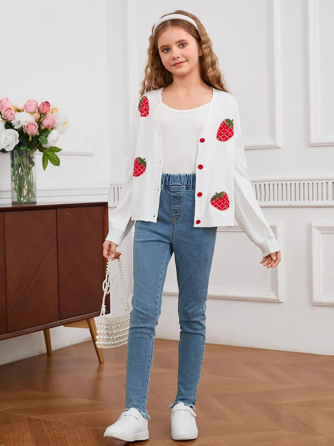 MakeMeChic Girl's Strawberry Print V Neck Button Down Cardigan Sweater Long Sleeve Cute Tops