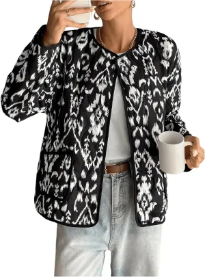 MakeMeChic Women's Cropped Quilted Jacket Floral Printed Puffer Jacket Long Sleeve Lightweight Outerwear