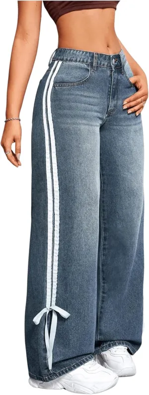 MakeMeChic Women's Straight Wide Leg Denim Pants Striped Bow Rise Jeans with Pocket Y2K Streetwear
