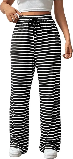 MakeMeChic Women's Striped Drawstring High Waist Long Trouser Wide Leg Casual Pants