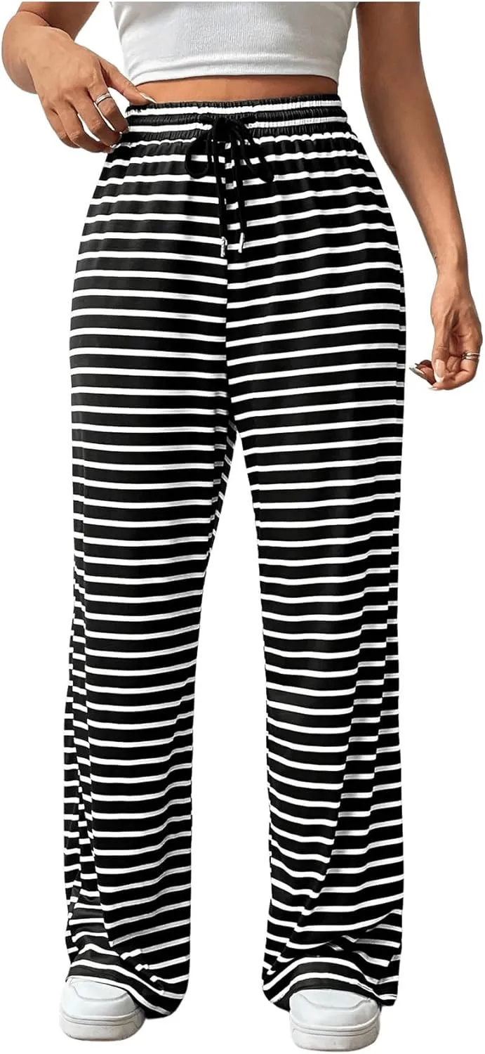 MakeMeChic Women's Striped Drawstring High Waist Long Trouser Wide Leg Casual Pants