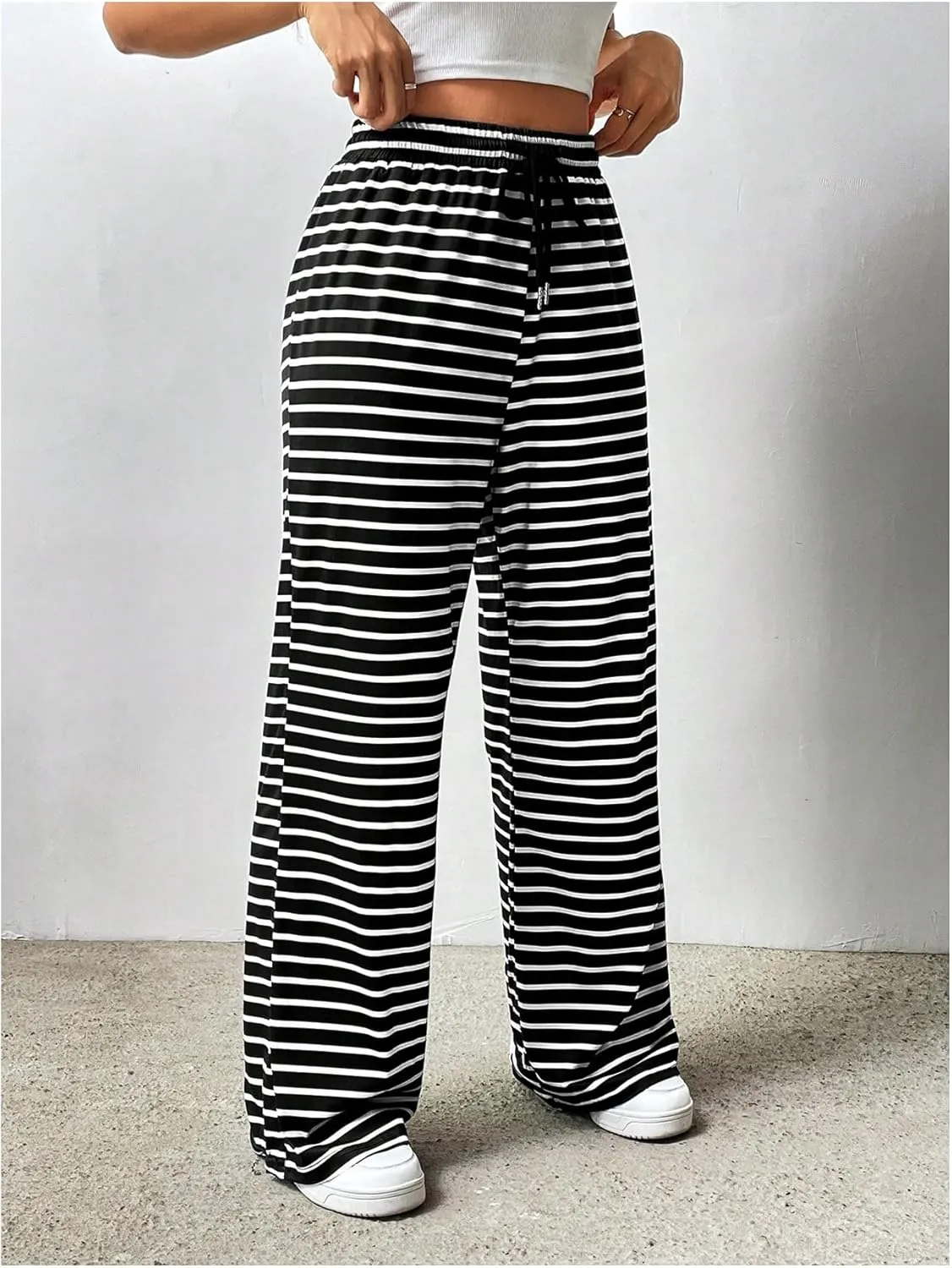 MakeMeChic Women's Striped Drawstring High Waist Long Trouser Wide Leg Casual Pants
