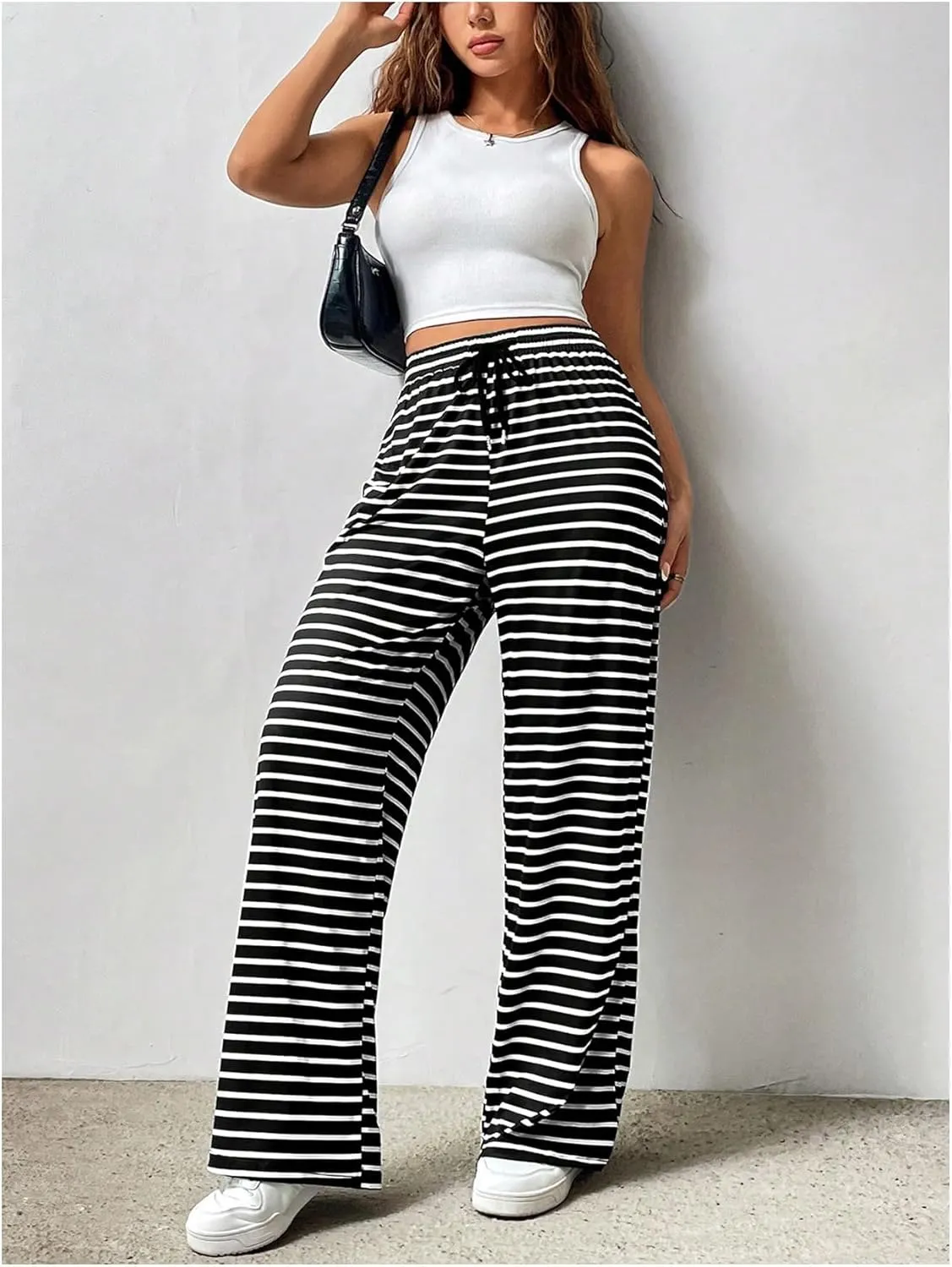MakeMeChic Women's Striped Drawstring High Waist Long Trouser Wide Leg Casual Pants