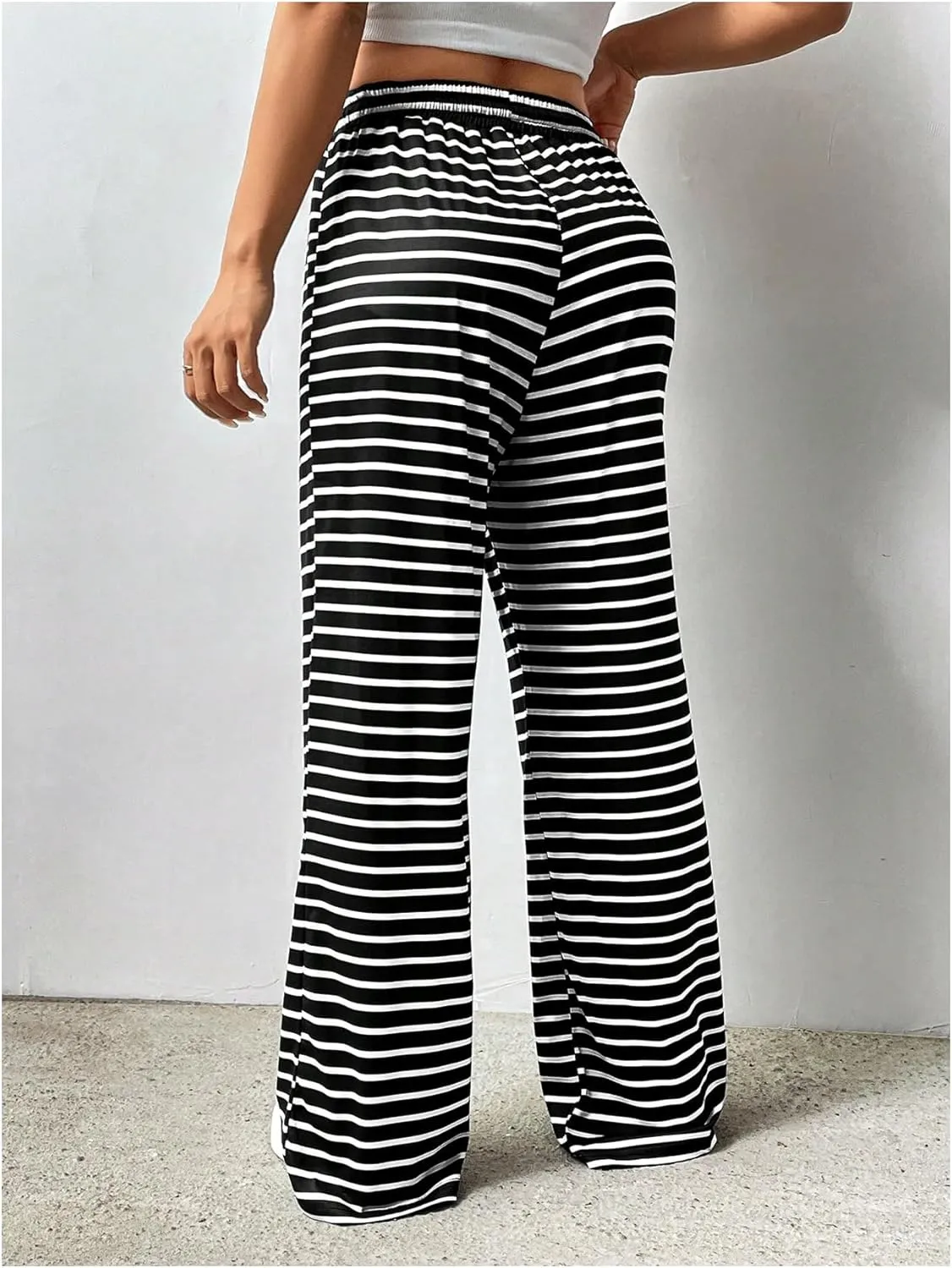 MakeMeChic Women's Striped Drawstring High Waist Long Trouser Wide Leg Casual Pants