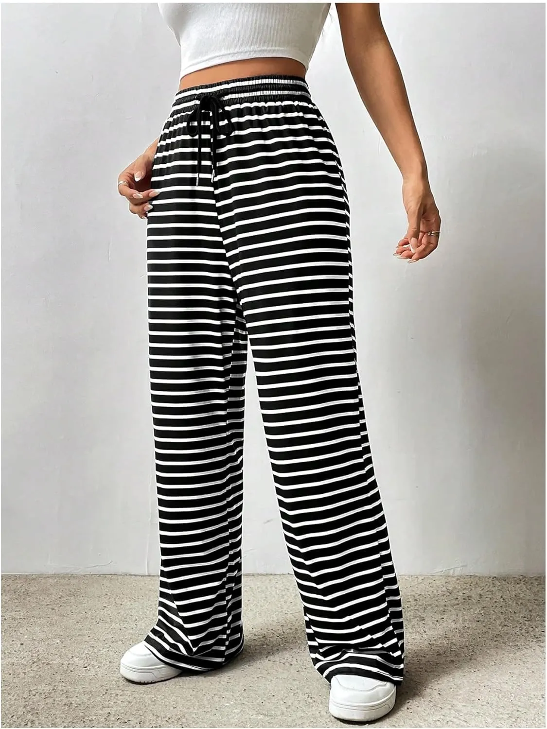 MakeMeChic Women's Striped Drawstring High Waist Long Trouser Wide Leg Casual Pants