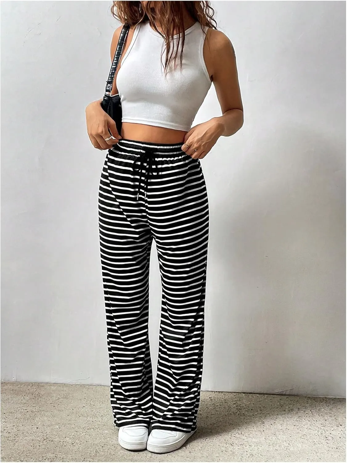 MakeMeChic Women's Striped Drawstring High Waist Long Trouser Wide Leg Casual Pants