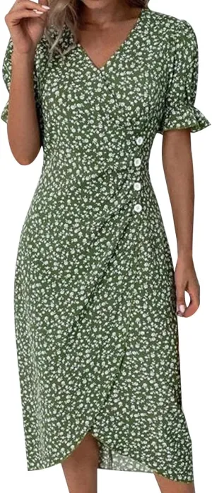 Maxi Dresses for Women 2024 Summer Vacation Short Sleeve V Neck Floral Print Elegant Long Dress Beach Sundress, Large