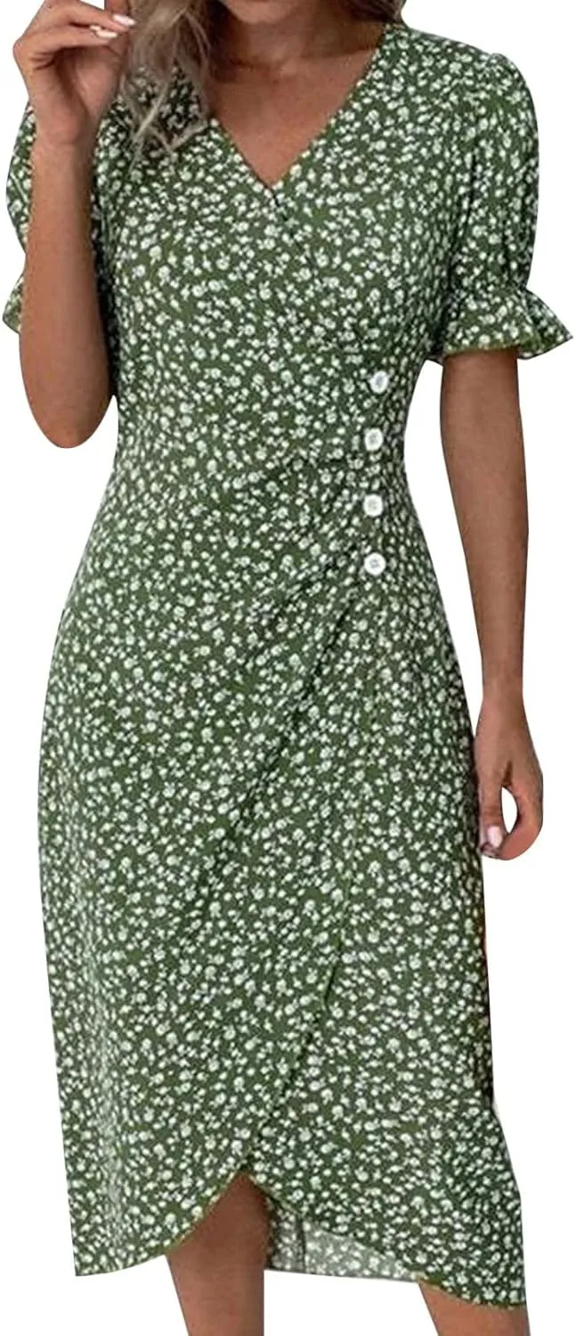 Maxi Dresses for Women 2024 Summer Vacation Short Sleeve V Neck Floral Print Elegant Long Dress Beach Sundress, Large