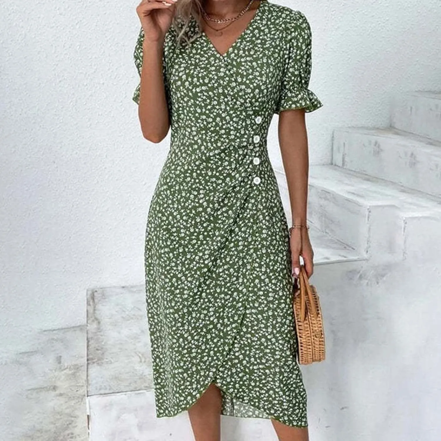 Maxi Dresses for Women 2024 Summer Vacation Short Sleeve V Neck Floral Print Elegant Long Dress Beach Sundress, Large