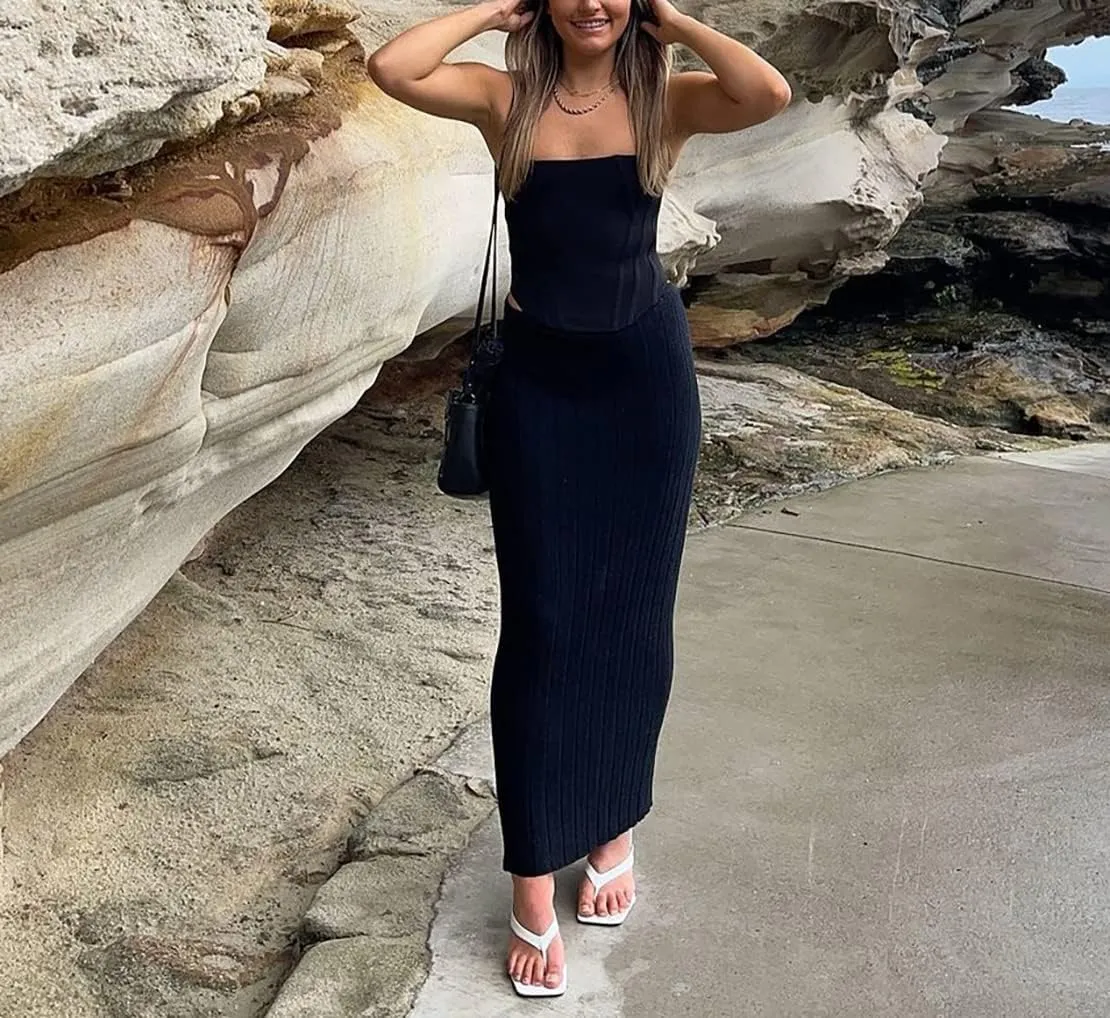 Meladyan Women High Waist Knit Long Maxi Skirt Stretchy Solid Slim Midi Skirts Strapless Bodycon Beach Dress Cover Up