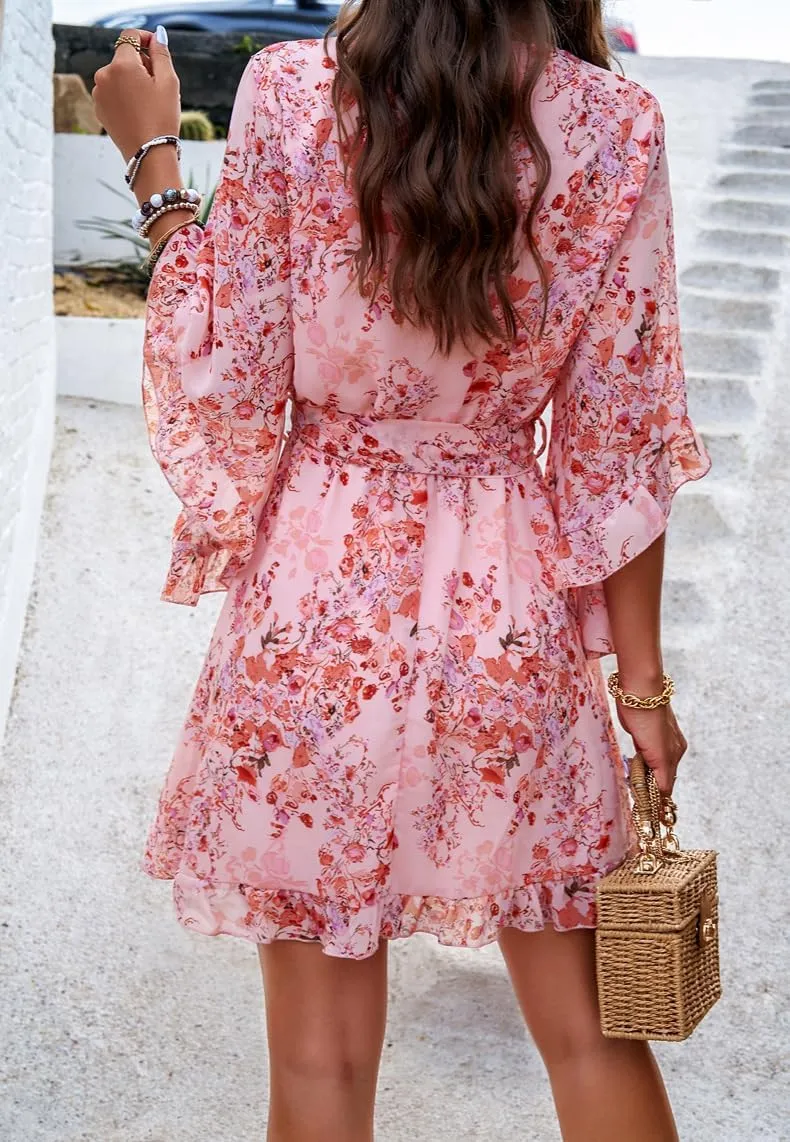 Melliflo Womens Summer Dress Fashion Ruffle Sleeve V Neck Floral Dress Elegant Dresses Mini Dress