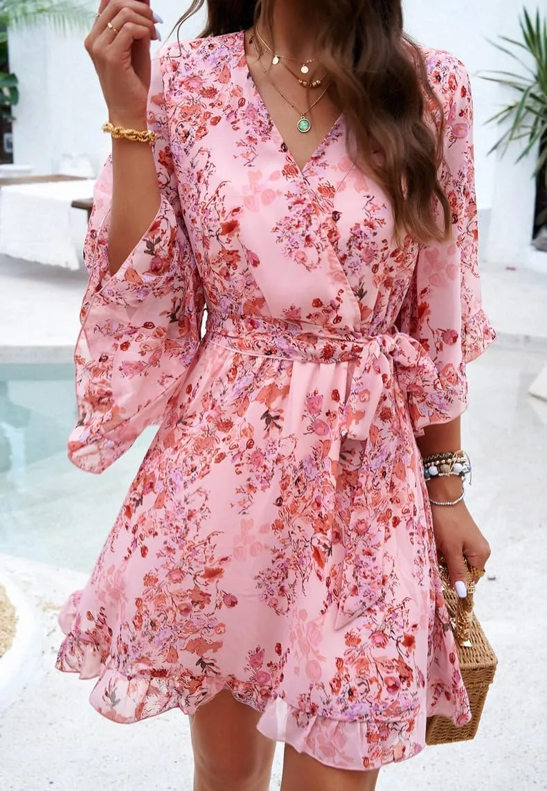 Melliflo Womens Summer Dress Fashion Ruffle Sleeve V Neck Floral Dress Elegant Dresses Mini Dress