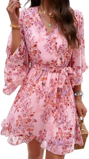 Melliflo Womens Summer Dress Fashion Ruffle Sleeve V Neck Floral Dress Elegant Dresses Mini Dress