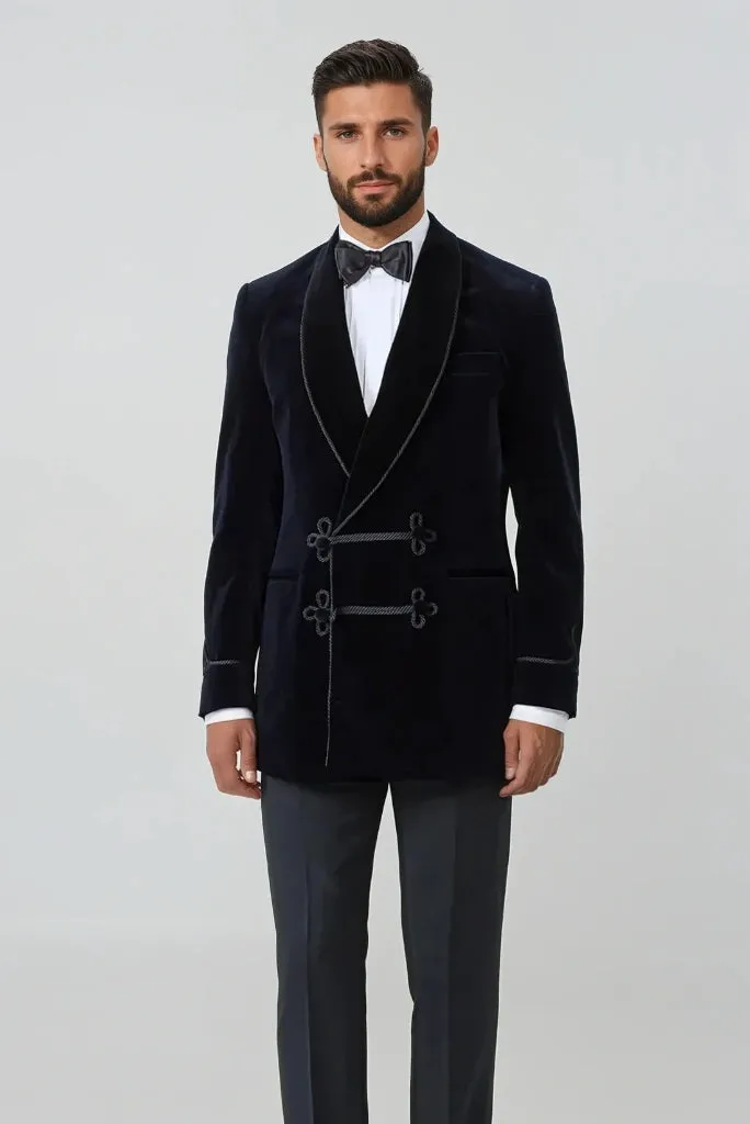 Men Navy Blue Smoking Jacket Stylish Designer Jacket Dinner Party Wear Coat Men Velvet Warm Vintage Luxury Jacket