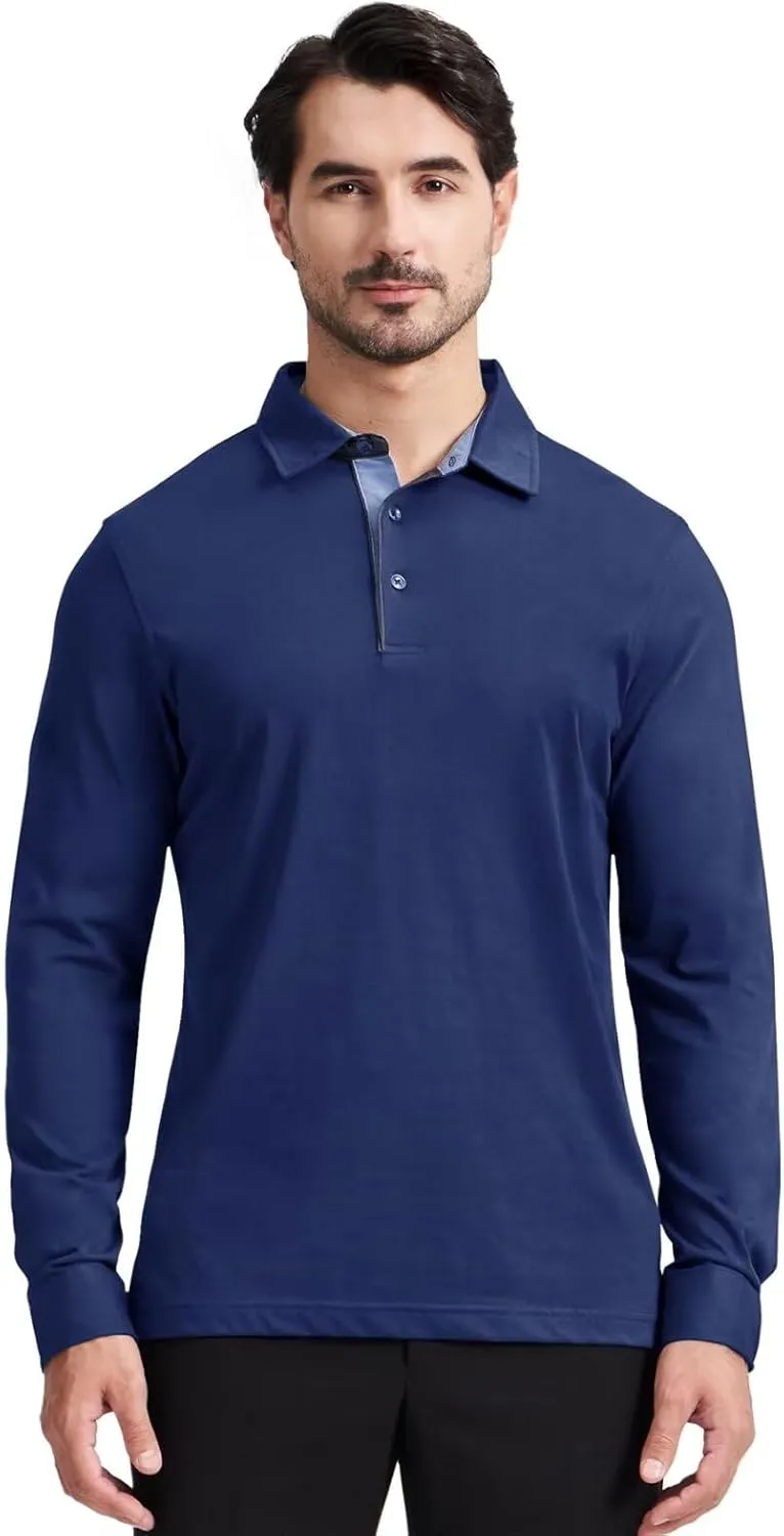 Men's Business Long and Short Sleeve Polo Shirts Mercerized Cotton Blend Casual Stylish Collared Shirts