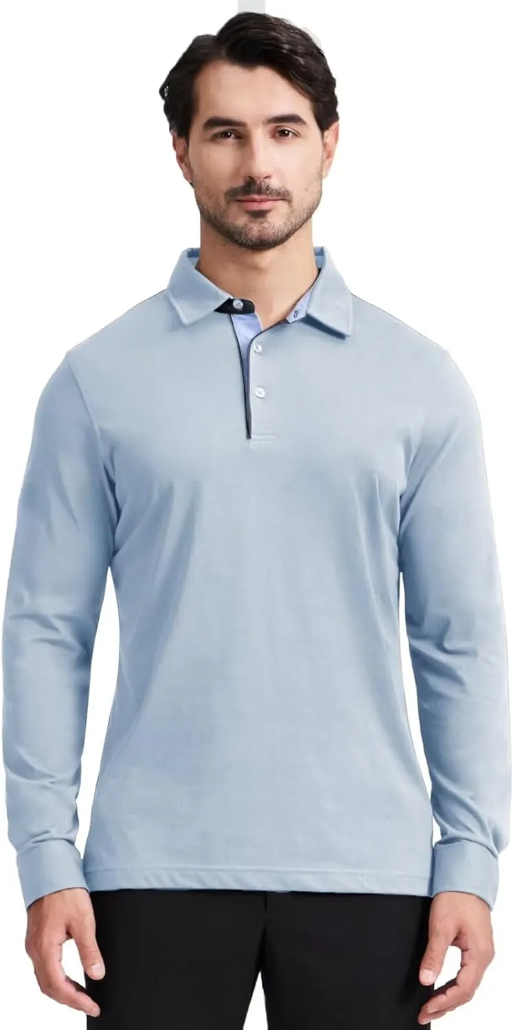 Men's Business Long and Short Sleeve Polo Shirts Mercerized Cotton Blend Casual Stylish Collared Shirts