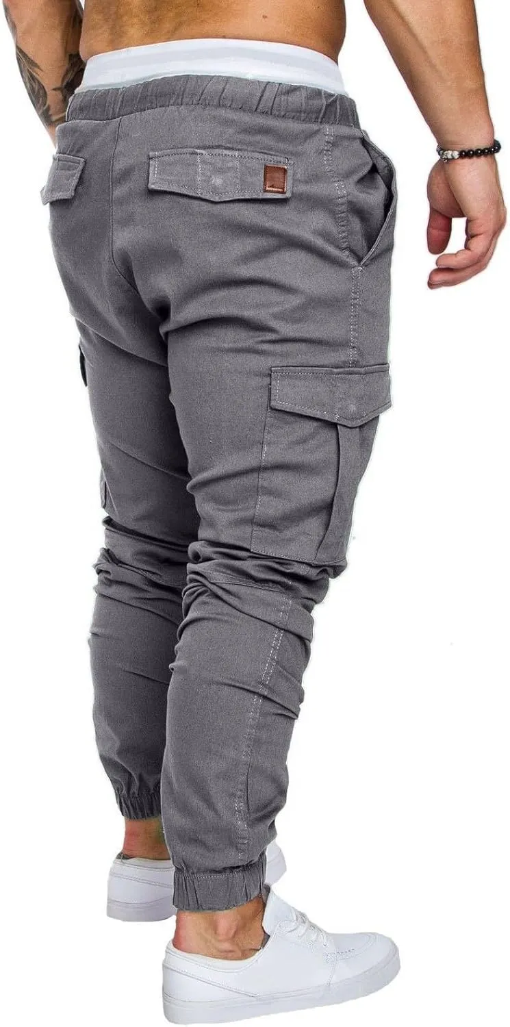 Mens Cargo Pants Slim Fit Drawstring Stretch Joggers Tapered Causal Fashion Solid Athletic Sweatpants Fall Trousers