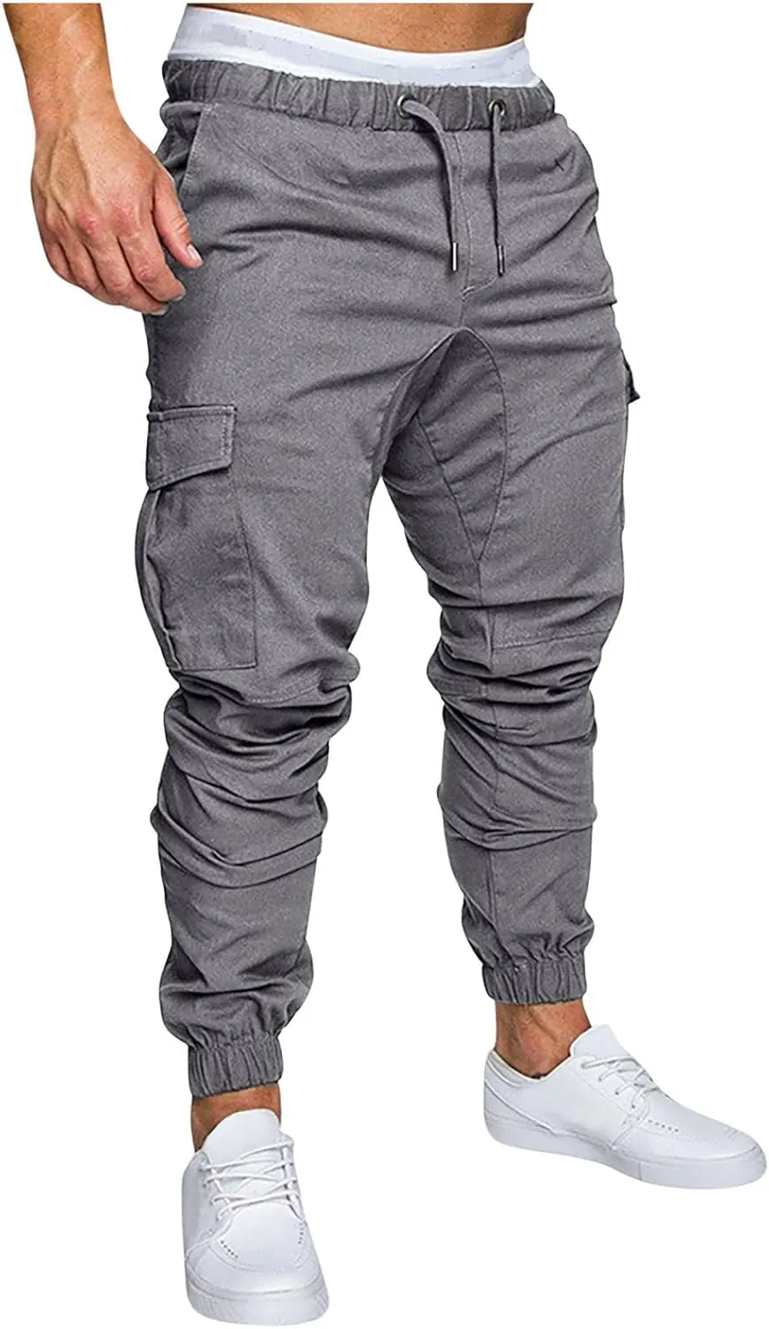 Mens Cargo Pants Slim Fit Drawstring Stretch Joggers Tapered Causal Fashion Solid Athletic Sweatpants Fall Trousers