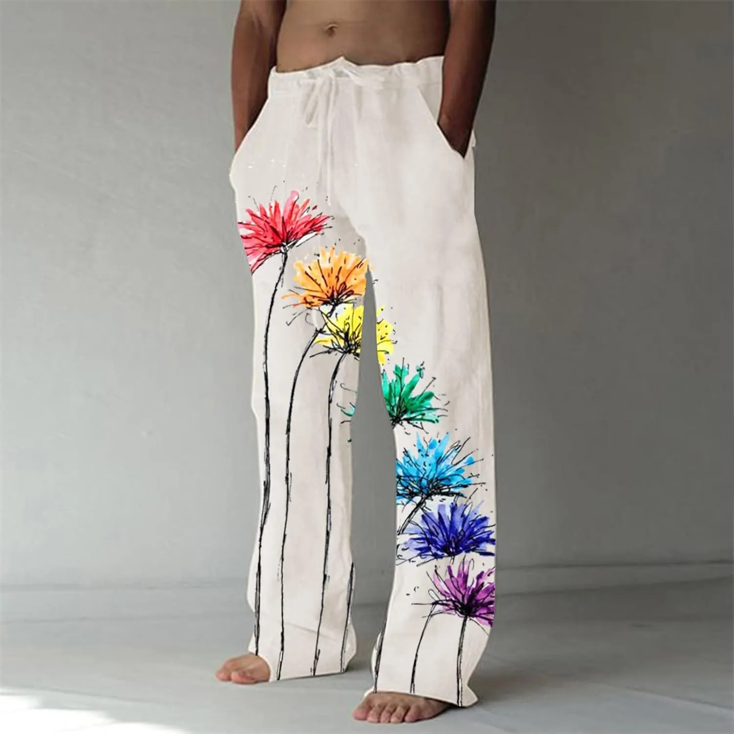 Men's Casual Summer Pants Beach Hawaiian Print Linen Pants Elastic Waist Drawstring Baggy Trousers with Pockets