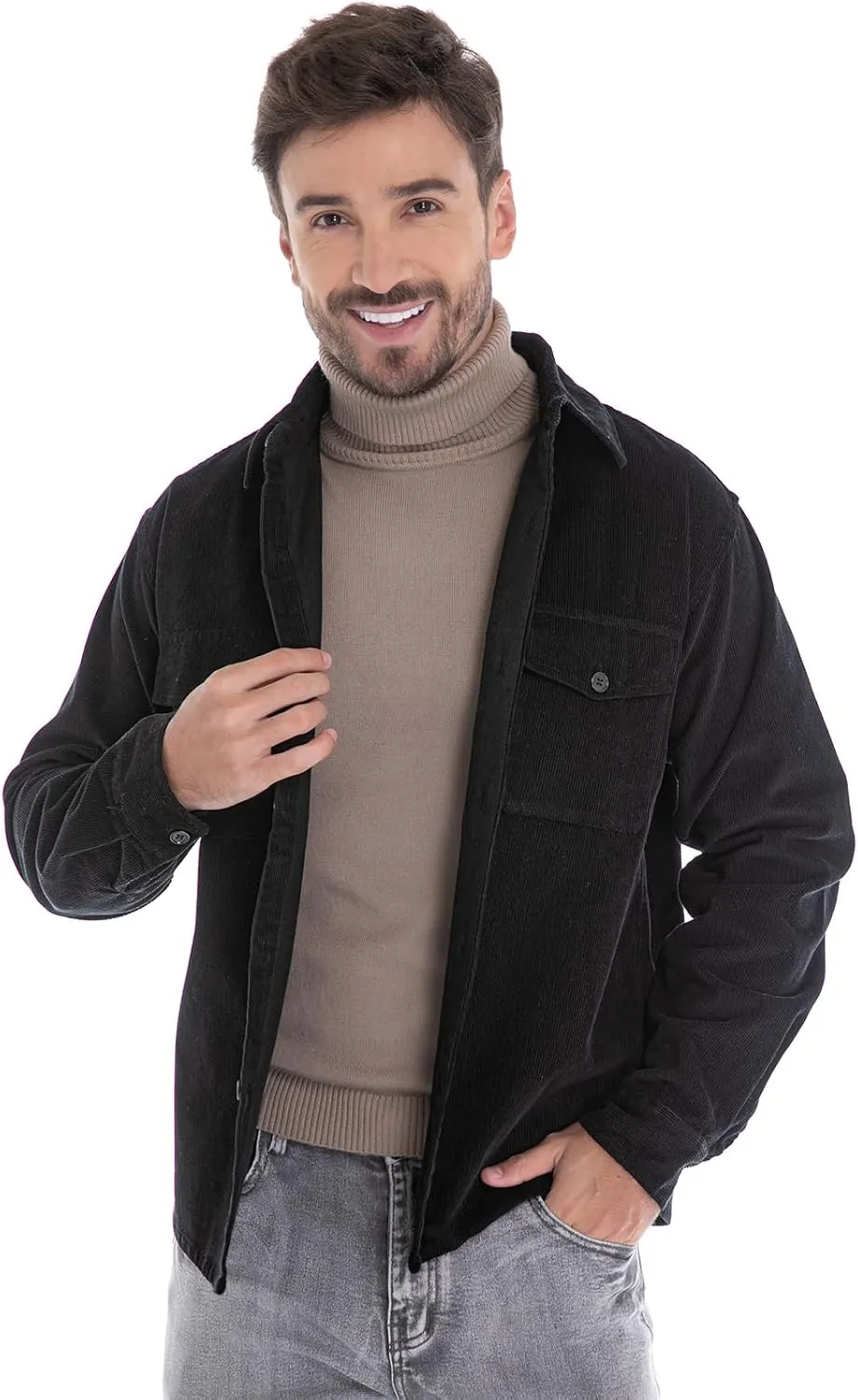 Men's Corduroy Shacket, Casual Stylish Long Sleeve Shirt Jacket Button Down