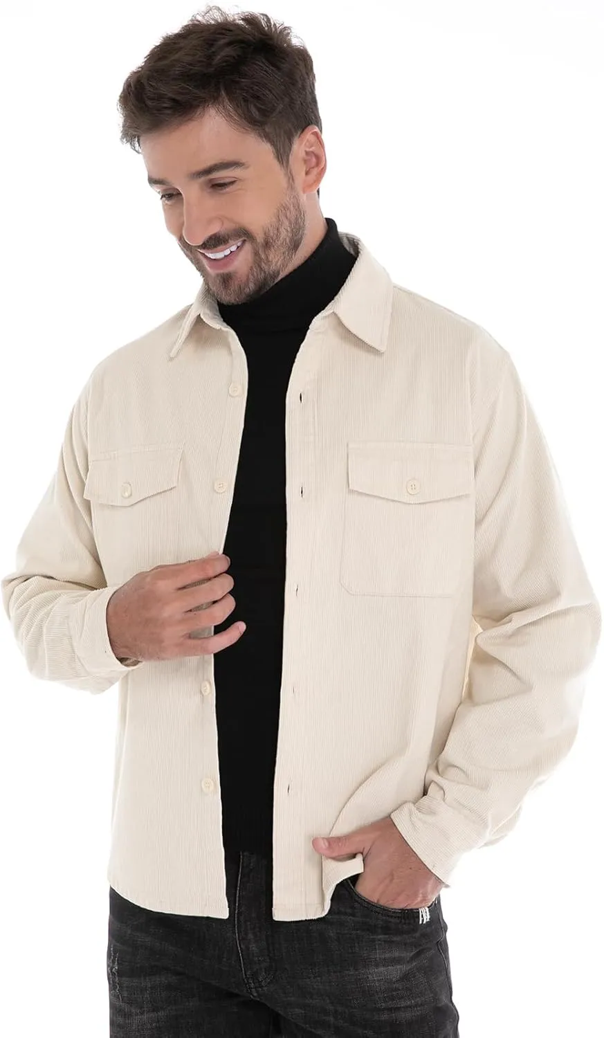 Men's Corduroy Shacket, Casual Stylish Long Sleeve Shirt Jacket Button Down