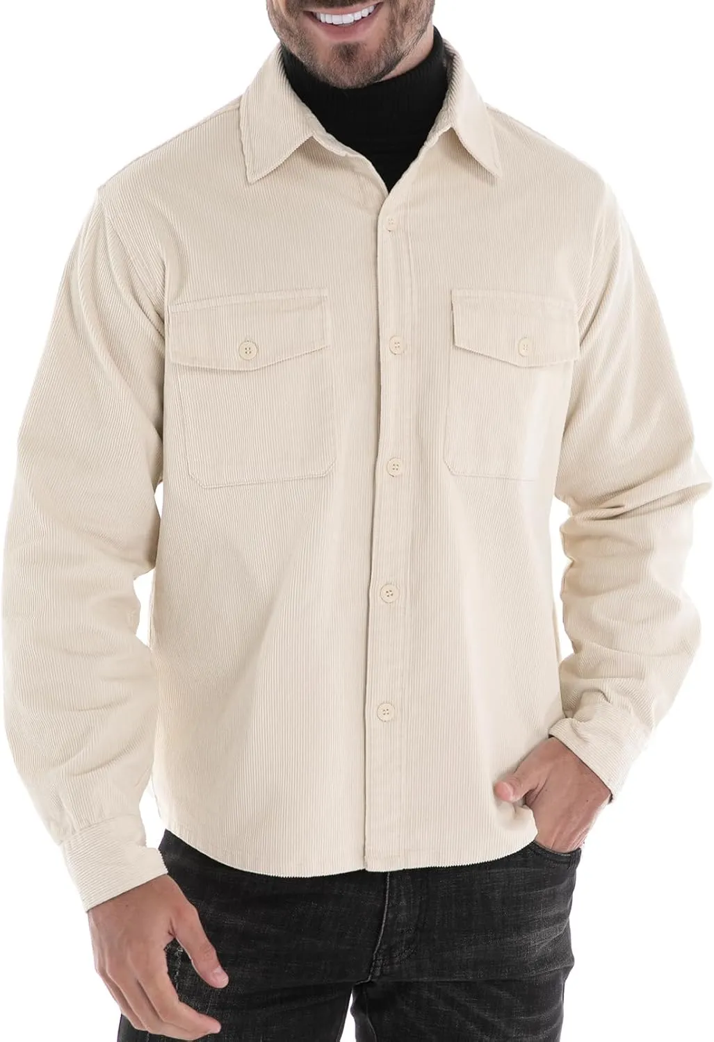 Men's Corduroy Shacket, Casual Stylish Long Sleeve Shirt Jacket Button Down