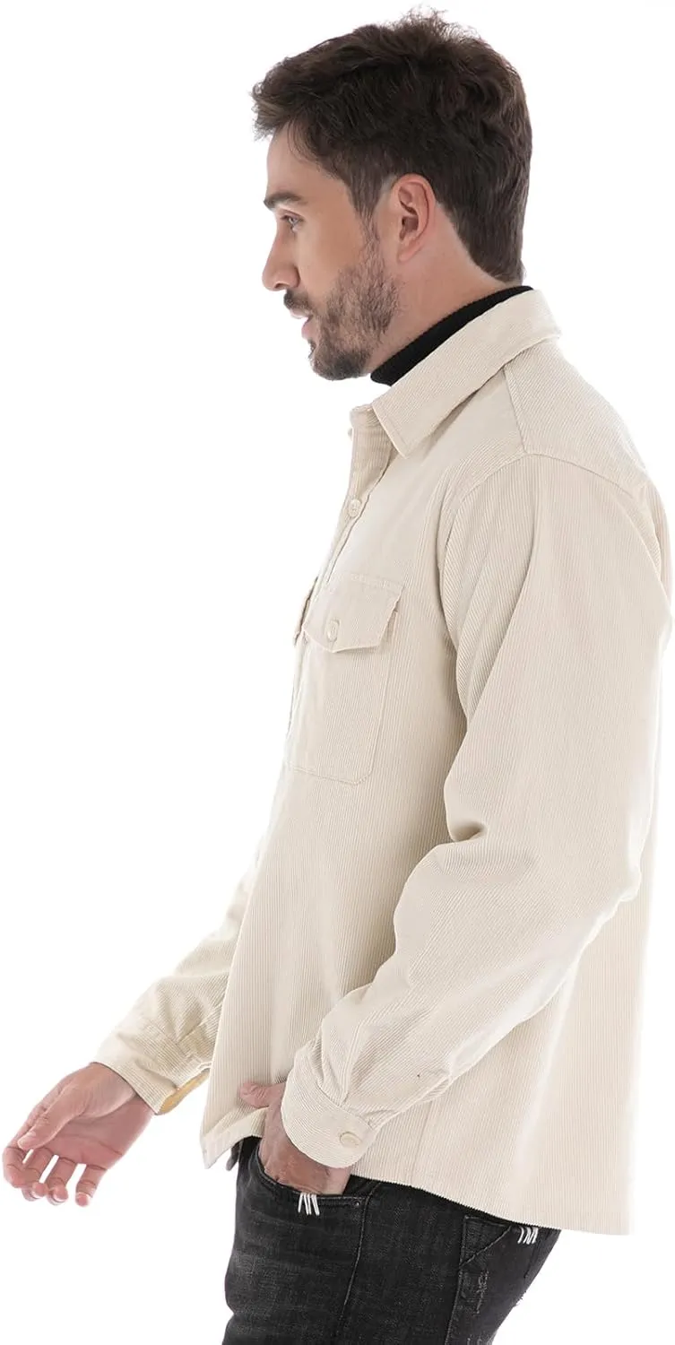 Men's Corduroy Shacket, Casual Stylish Long Sleeve Shirt Jacket Button Down