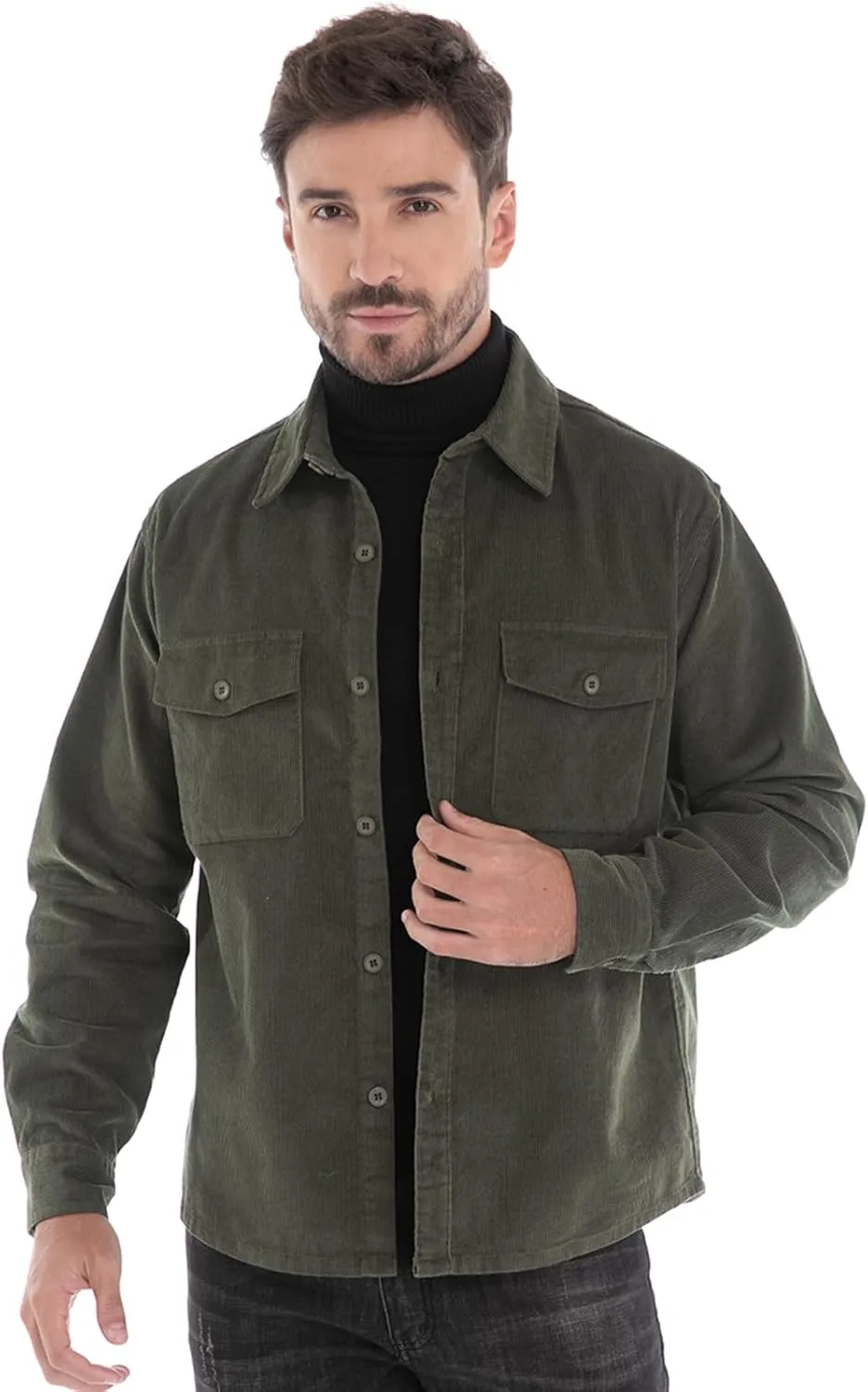 Men's Corduroy Shacket, Casual Stylish Long Sleeve Shirt Jacket Button Down