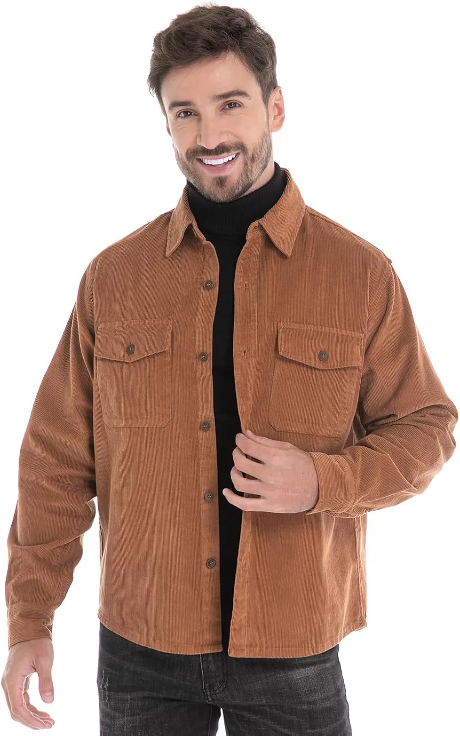 Men's Corduroy Shacket, Casual Stylish Long Sleeve Shirt Jacket Button Down