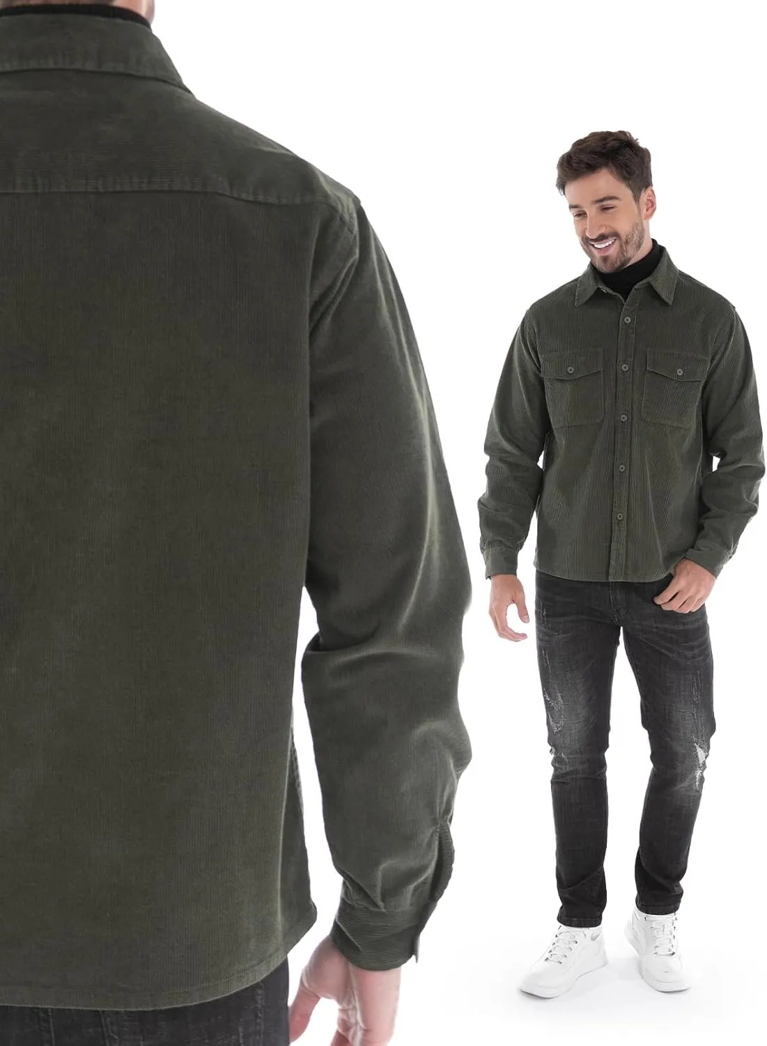 Men's Corduroy Shacket, Casual Stylish Long Sleeve Shirt Jacket Button Down