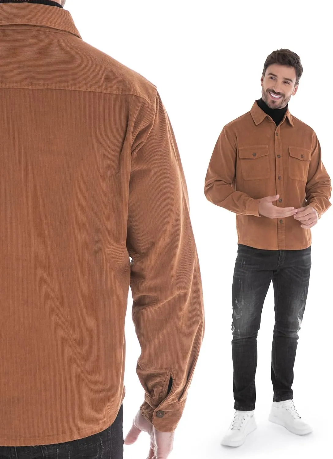 Men's Corduroy Shacket, Casual Stylish Long Sleeve Shirt Jacket Button Down