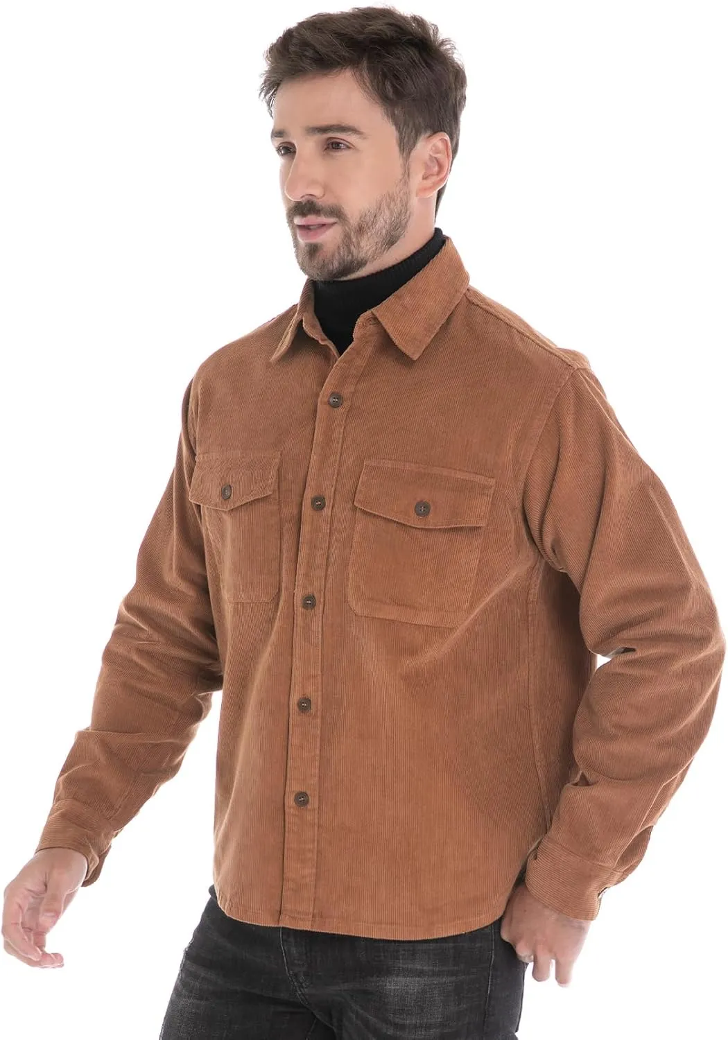 Men's Corduroy Shacket, Casual Stylish Long Sleeve Shirt Jacket Button Down