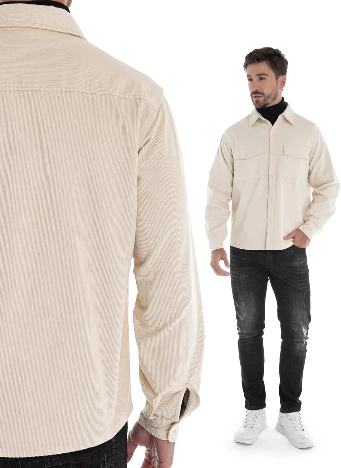 Men's Corduroy Shacket, Casual Stylish Long Sleeve Shirt Jacket Button Down