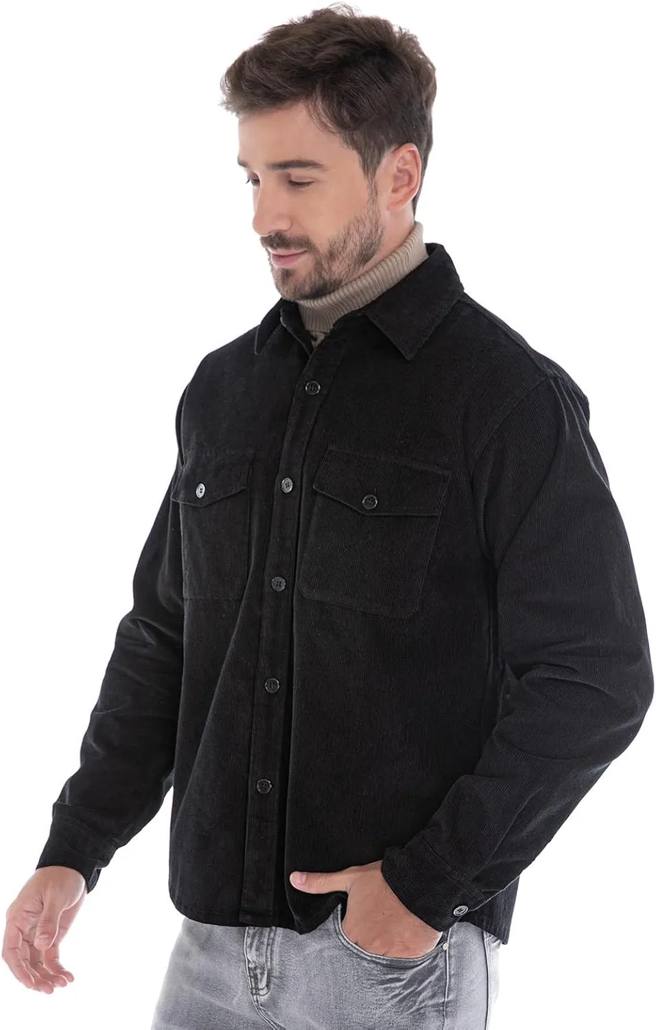 Men's Corduroy Shacket, Casual Stylish Long Sleeve Shirt Jacket Button Down