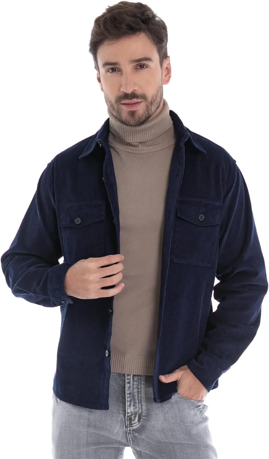 Men's Corduroy Shacket, Casual Stylish Long Sleeve Shirt Jacket Button Down