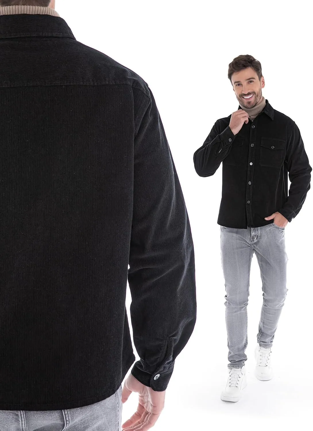 Men's Corduroy Shacket, Casual Stylish Long Sleeve Shirt Jacket Button Down
