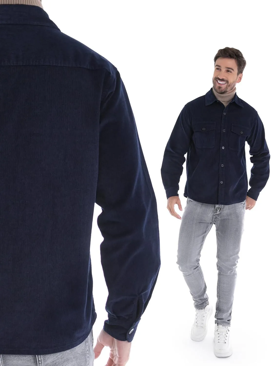 Men's Corduroy Shacket, Casual Stylish Long Sleeve Shirt Jacket Button Down