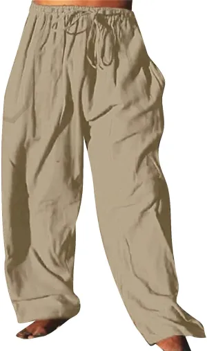 Mens Cotton Linen Harem Pants Elastic Waist Wide Leg Baggy Yoga Trousers Drawstrings Lightweight Summer Beach Pants for Men